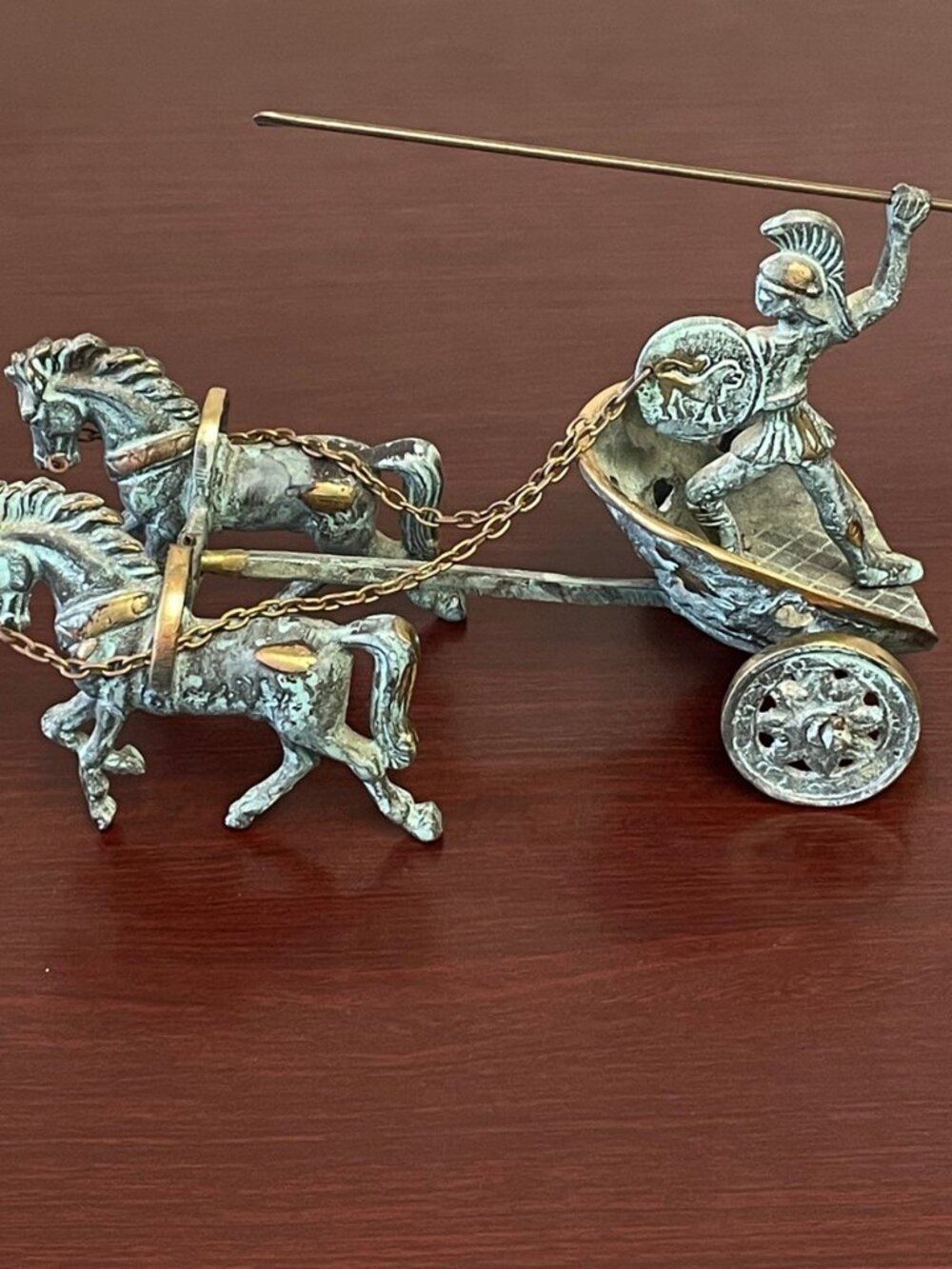 Vintage Roman Soldier w/Spear Driving Two-Horse Chariot - Copper and Brass - GUC
